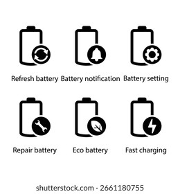 Atualizar, Notificação, configuração, Reparo, Bateria Eco, Carregamento rápido, ícone