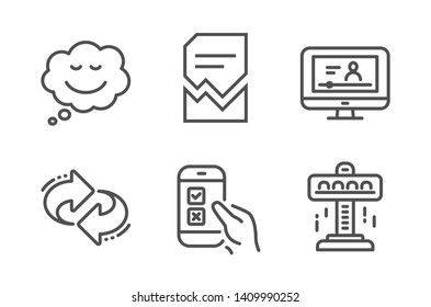 Refresh, Online video and Corrupted file icons simple set. Speech bubble, Mobile survey and Attraction signs. Rotation, Video exam. Technology set. Line refresh icon. Editable stroke. Vector