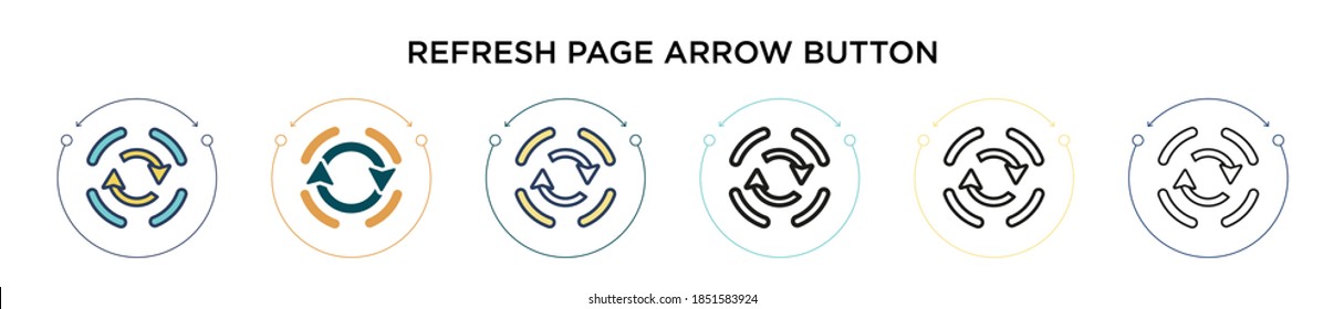 Refresh page arrow button icon in filled, thin line, outline and stroke style. Vector illustration of two colored and black refresh page arrow button vector icons designs can be used for mobile, ui, 