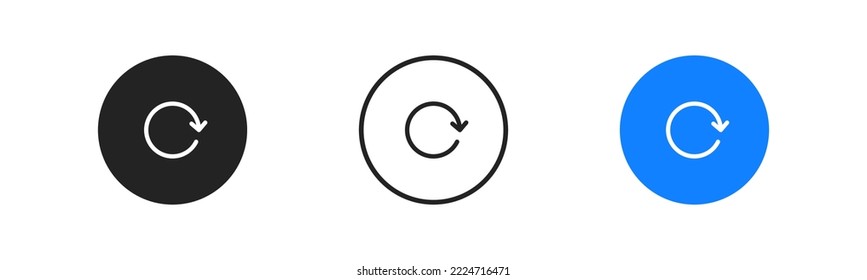 Refresh page icon on white background. Reload webpage arrow in blue circle. Ui interface. Reset, repeat symbols. Flat design. Vector illustration.