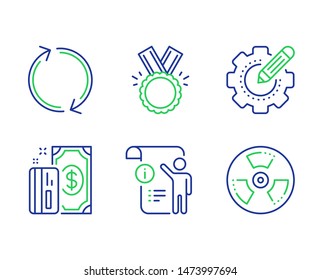Refresh, Payment and Manual doc line icons set. Settings gear, Honor and Chemical hazard signs. Rotation, Cash money, Project info. Technology process. Business set. Line refresh outline icons. Vector