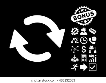 Refresh pictograph with bonus icon set. Vector illustration style is flat iconic symbols, white color, black background.