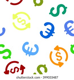 Refresh Price vector repeatable pattern with dollar and euro currency symbols. Style is flat colored icons on a white background.