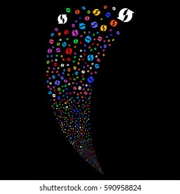 Refresh random fireworks stream. Vector illustration style is flat bright multicolored iconic symbols on a black background. Object fountain created from scattered pictographs.