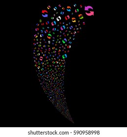 Refresh random fireworks stream. Vector illustration style is flat bright multicolored iconic symbols on a black background. Object fountain created from scattered symbols.