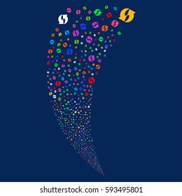 Refresh random fireworks stream. Vector illustration style is flat bright multicolored iconic symbols on a blue background. Object fountain made from scattered pictographs.