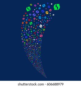 Refresh random fireworks stream. Vector illustration style is flat bright multicolored iconic symbols on a blue background. Object fountain combined from scattered symbols.