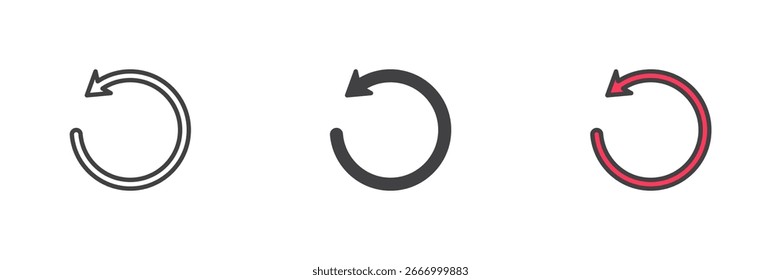 Refresh reload icon pack in line, solid glyph and colorful filled outline version. Vector symbol for update, reset, sync and cycle refresh icon design.