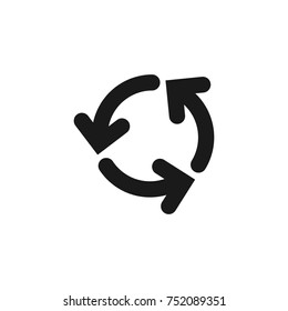 refresh or reload icon. Three black round rotation arrows isolated on white. Flat icon. Exchange icon. Good for web and software interfaces.  Cyclical process. Diagram. Circular arrows. 