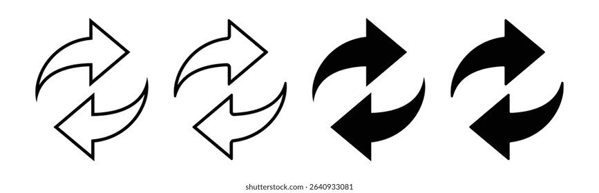 Refresh reload recycle loop arrows icon set, circular update, swap icon or exchange symbol, simple outline and solid black vector illustration for web design, apps, and ui elements.