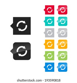Refresh, reload, reset arrows icon for user interface - flat and glossy style, color variations. Stylized square speech bubbles with symbol.