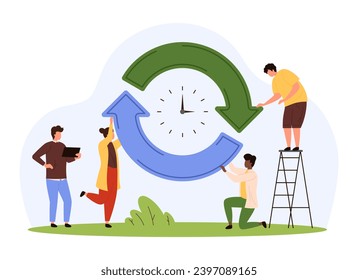 Refresh or reload task, synchronization or renew visualization vector illustration. Cartoon tiny people holding circle arrows of update cycle sign with clock inside, repeat loading process again