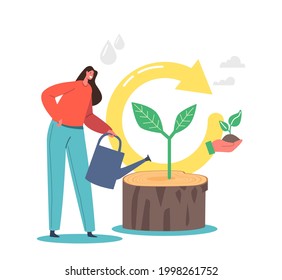 Das neue Konzept wird erneuert und erneuert, der Watering Stumpf für weibliche Charaktere mit dem wachsenden Green Sprout- und Recycling Loop-Symbol. Starten Sie das Projekt mit neuer Strategie neu, überarbeiten Sie das Lebensziel. Cartoon-Vektorgrafik