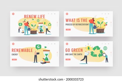 Refresh And Renew Life Landing Page Template Set. Tiny Characters Restart Project With New Vision Or Rework Strategy. Woman Watering Stump With Green Growing Sprout. Cartoon People Vector Illustration