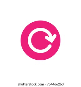 refresh or repeat icon. white round rotation arrow in pink circle isolated on white. Flat right turn icon. Exchange icon. Good for web and software interfaces.  