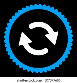 Refresh round stamp icon. This flat vector symbol is drawn with blue and white colors on a black background.
