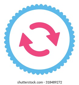 Refresh round stamp icon. This flat vector symbol is drawn with pink and blue colors on a white background.