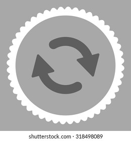 Refresh round stamp icon. This flat vector symbol is drawn with dark gray and white colors on a silver background.