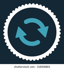 Refresh round stamp icon. This flat vector symbol is drawn with blue and white colors on a dark blue background.