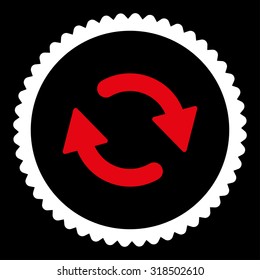 Refresh round stamp icon. This flat vector symbol is drawn with red and white colors on a black background.