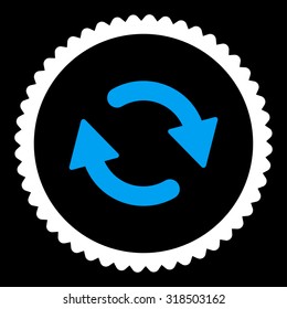 Refresh round stamp icon. This flat vector symbol is drawn with blue and white colors on a black background.