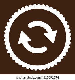 Refresh round stamp icon. This flat vector symbol is drawn with white color on a brown background.