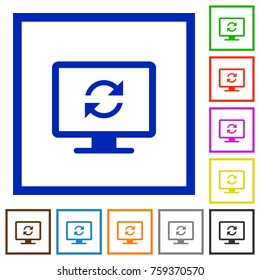 Refresh screen flat color icons in square frames on white background