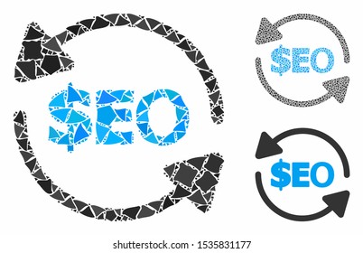 Refresh seo mosaic of unequal elements in various sizes and shades, based on refresh seo icon. Vector unequal elements are organized into mosaic. Refresh seo icons collage with dotted pattern.
