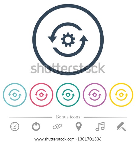 Refresh settings flat color icons in round outlines. 6 bonus icons included.