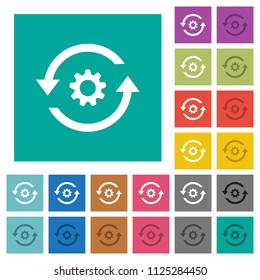 Refresh settings multi colored flat icons on plain square backgrounds. Included white and darker icon variations for hover or active effects.