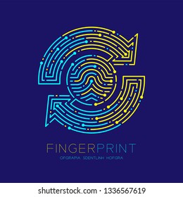 Refresh sign Fingerprint scan pattern logo dash line, digital data technology concept, Editable stroke illustration yellow and blue isolated on dark blue background with Fingerprint text, vector eps