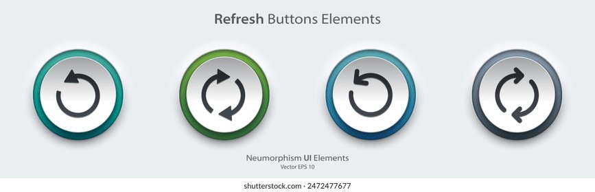 Refresh sign. A set of  white round buttons with Refresh symbols. Reload, recycle, redo and return icon . 3D Neumorphism design style for Apps, Websites, Interfaces, and mobile apps. UI UX.