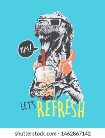 refresh slogan with dinosaur drinking bubble tea illustration