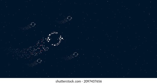 A refresh symbol filled with dots flies through the stars leaving a trail behind. Four small symbols around. Empty space for text on the right. Vector illustration on dark blue background with stars