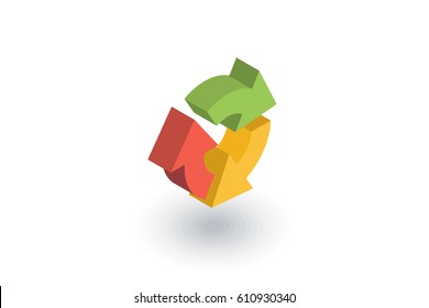 Refresh three arrow rotate isometric flat icon. 3d vector colorful illustration. Pictogram isolated on white background