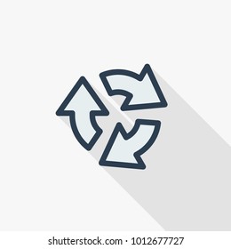 Refresh three arrow rotate thin line flat color icon. Linear vector illustration. Pictogram isolated on white background. Colorful long shadow design.