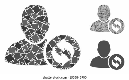 Refresh user composition of raggy pieces in different sizes and color tones, based on refresh user icon. Vector uneven pieces are united into collage. Refresh user icons collage with dotted pattern.