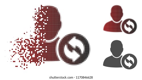 Refresh user icon in sparkle, pixelated halftone and undamaged entire versions. Fragments are composed into vector dissipated refresh user shape.