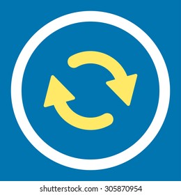 Refresh vector icon. This rounded flat symbol is drawn with yellow and white colors on a blue background.