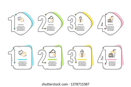 Refresh, Wallet and Fireworks icons simple set. Hamburger sign. Rotation, Usd cash, Christmas pyrotechnic. Burger with drink. Business set. Infographic timeline. Line refresh icon. 4 options or steps