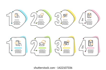 Refresh website, Call center and Share mail icons simple set. Approved checklist sign. Update internet, Phone support, New e-mail. Accepted message. Business set. Infographic timeline. Vector