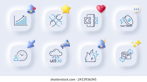 Refresh website, Energy price and Fire energy line icons. Buttons with 3d bell, chat speech, cursor. Pack of Phishing, Web3, Graph chart icon. Squad, Time management pictogram. Vector