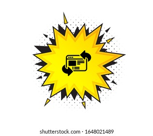 Icono de actualización del sitio web. Burbuja del discurso de cita. Actualizar signo de página web. Marcas de cotización. Icono del sitio web de actualización clásica. Vector