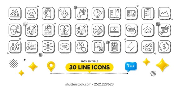 Actualizar el Sitio web, los documentos de Internet y el paquete de iconos de línea de megáfono. Elementos de diseño 3D. Código Qr, sistema Bitcoin, icono de Web de red. Calendario de vacunación, 360 grados, pictograma de informe. Vector