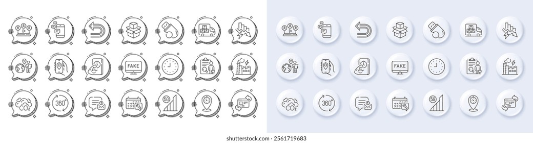 Refresh website, Location app and Outsource work line icons. White pin 3d buttons, chat bubbles icons. Pack of Fake news, Spanner, Clock icon. Vector