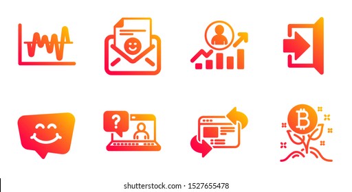 Refresh website, Smile and Stock analysis line icons set. Smile chat, Career ladder and Faq signs. Exit, Bitcoin project symbols. Update internet, Positive mail. Business set. Vector