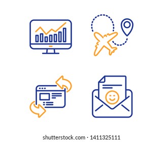 Refresh website, Statistics and Airplane icons simple set. Smile sign. Update internet, Financial report, Plane. Positive mail. Technology set. Linear refresh website icon. Colorful design set. Vector