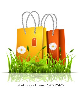 Refresh your sales. Vector illustration of shopping bags and grass.