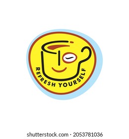 Refresh Yourself Vector Logo With A Cup And A Coffee Bean As A Winking Eye.