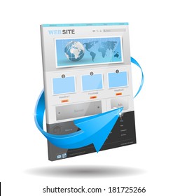 Refreshed website with blue arrow
